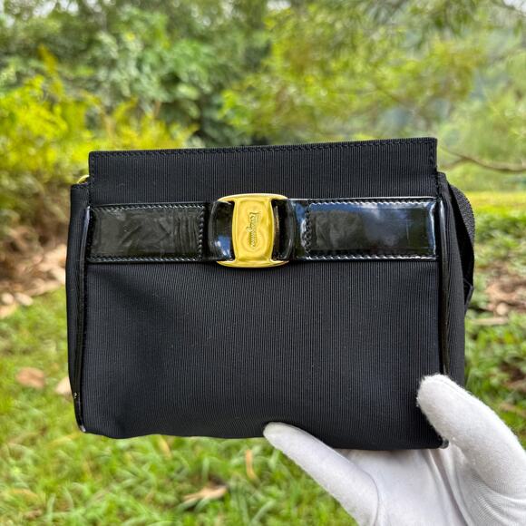 Salvatore Ferragamo Bow Vara Clutch Soft Nylon Black Small Pouch Authentic - Picture 1 of 10